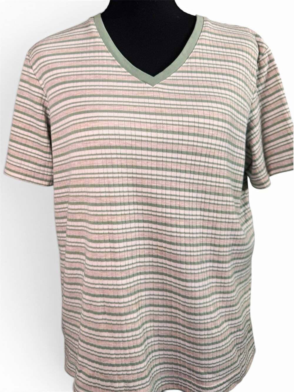 Vintage 90s Classic Elements Green Pink Striped Ribbed V Neck Shirt Womens M